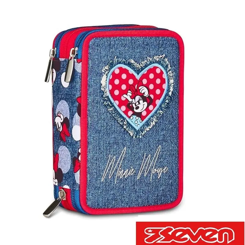 Seven Minnie Astuccio Scuola 3 Zip Blu Denim adatto alla scuola Elementare e Media