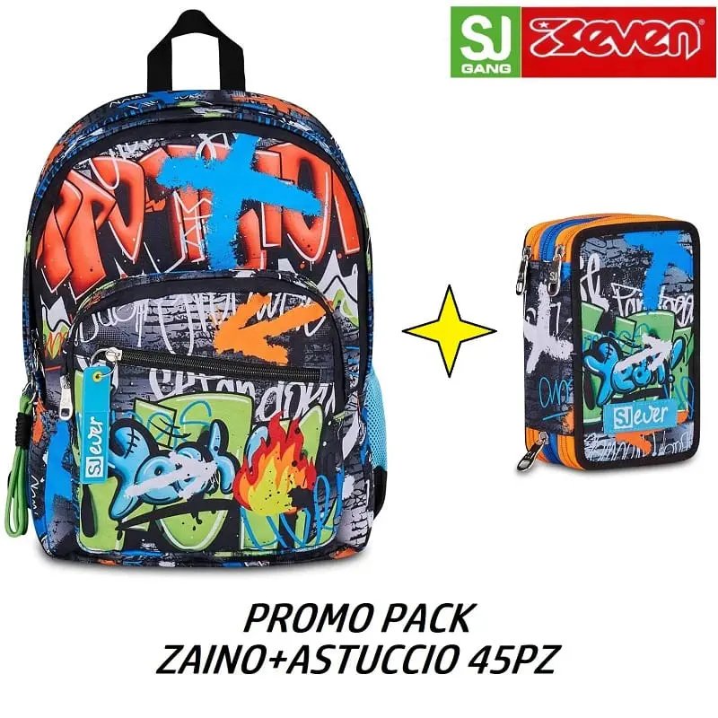 SJ Gang Flames, Zaino Doppio Scomparto adatto alla scuola Elementare e Media + Astuccio 3 Zip Corredo