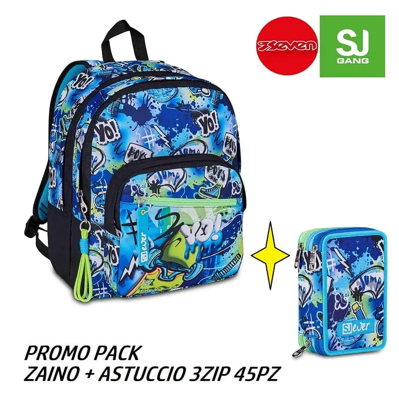 SJ Gang Game Cloudy Blue, Zaino Doppio Scomparto adatto alla scuola Elementare e Media + Astuccio 3 Zip 45pz