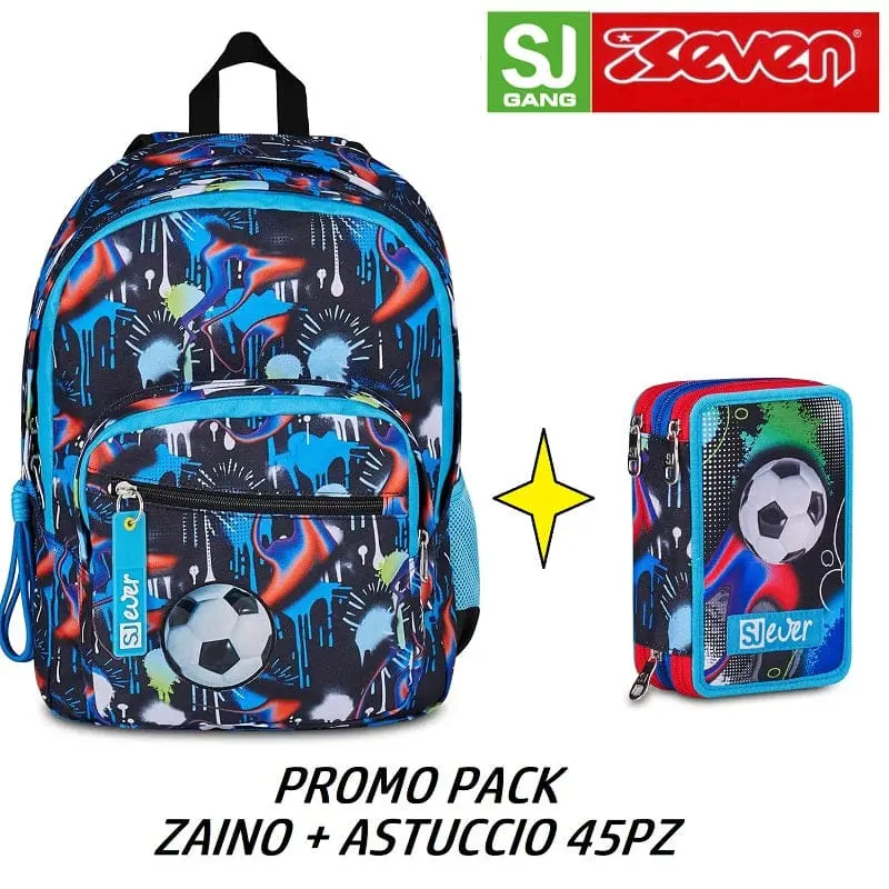SJ Gang Game, Zaino Doppio Scomparto adatto alla scuola Elementare e Media + Astuccio 3 Zip 45 pezzi