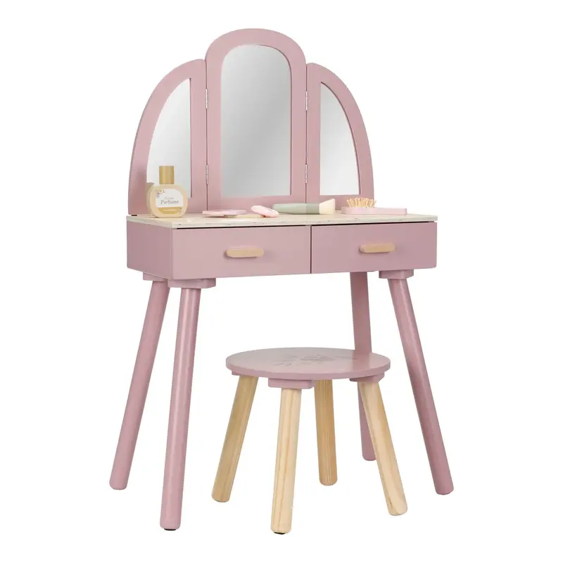 Toelette in Legno Rosa con Sedia Tavolo Trucco Toeletta - Wooden Dressing Table Vanity Pink with Chair (LD2513)