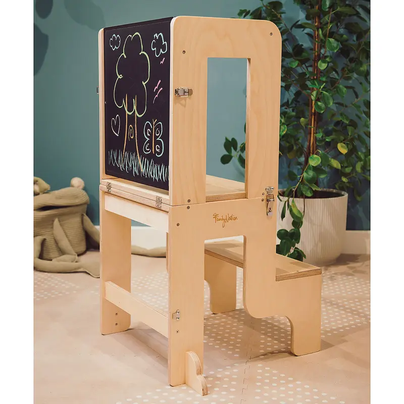 Torre Montessori 3 in 1 Natural Lavagna Magnetica e Convertibile in Tavolo + Sedia