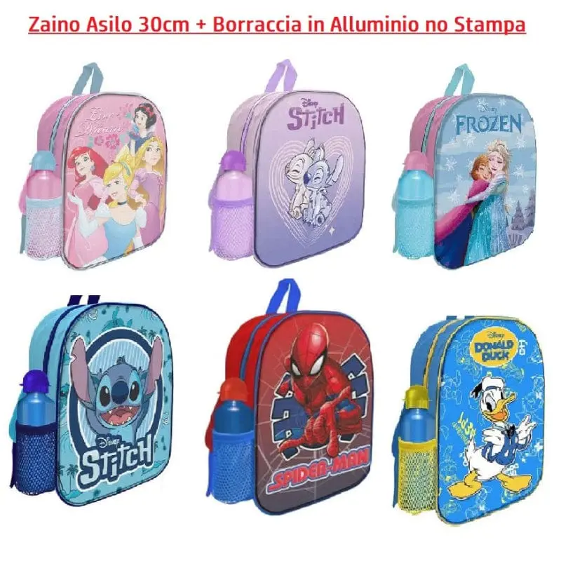 Zaino Asilo Personaggi Disney + Borraccia in Alluminio