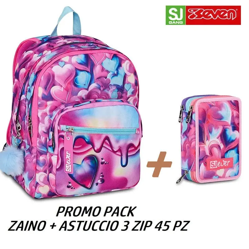 Zaino Scuola SJ Gang Ever Pink Beat doppio scomparto + Astuccio 3 Zip 45 Pezzi