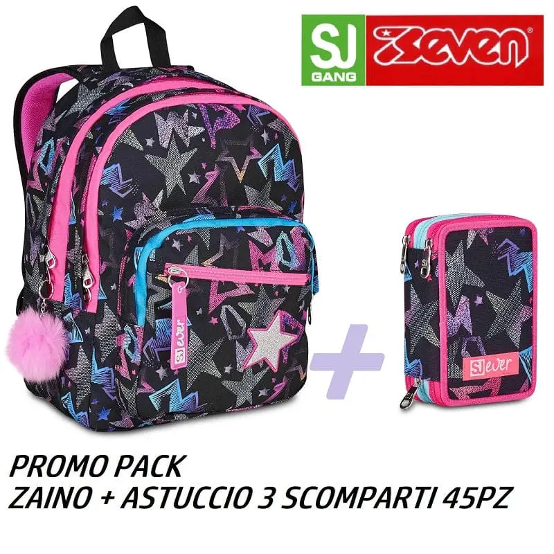 Zaino Scuola SJ Gang Ever Star doppio scomparto + Astuccio 3 Zip 45 Pezzi